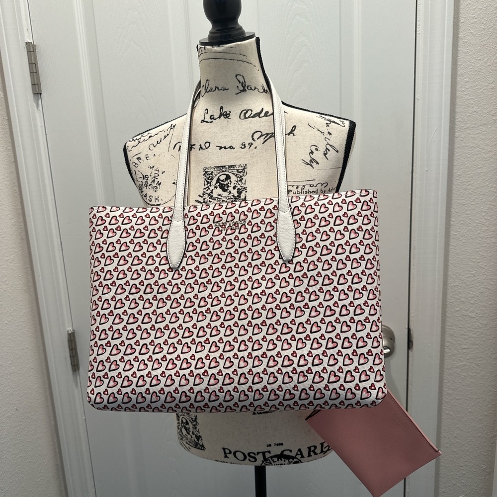 Kate Spade All Day Cream Multi Tote Bag with Fancy Hearts Pattern and Pink Pouch